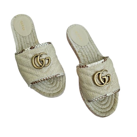 Gucci GG Marmont Raffia Espadrille Flat Slide Sandal Beige Brown 37.5 US 7.5 - Picture 2 of 12